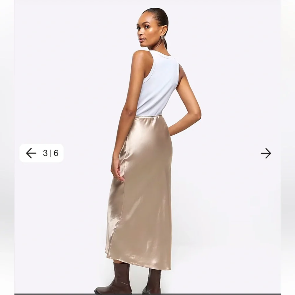 NWT‎ River Island Women’s Gold Satin Midi Skirt Bias Cut British